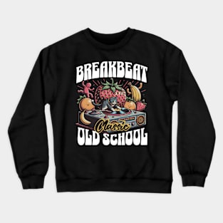 BREAKBEAT  - Cat Dj and Fruit Platter (White) Crewneck Sweatshirt